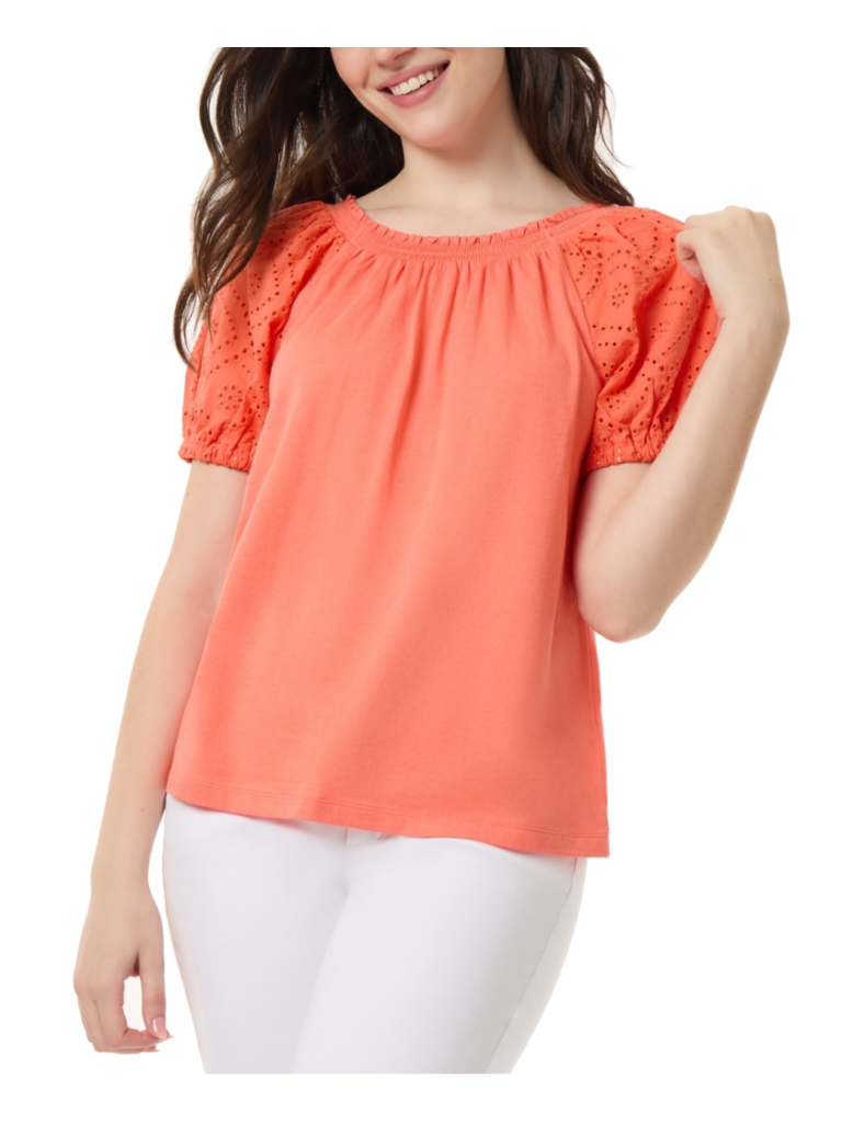 Jones New York Women's Small Sherbet Orange Eyelet Short Sleeve Top Nwt